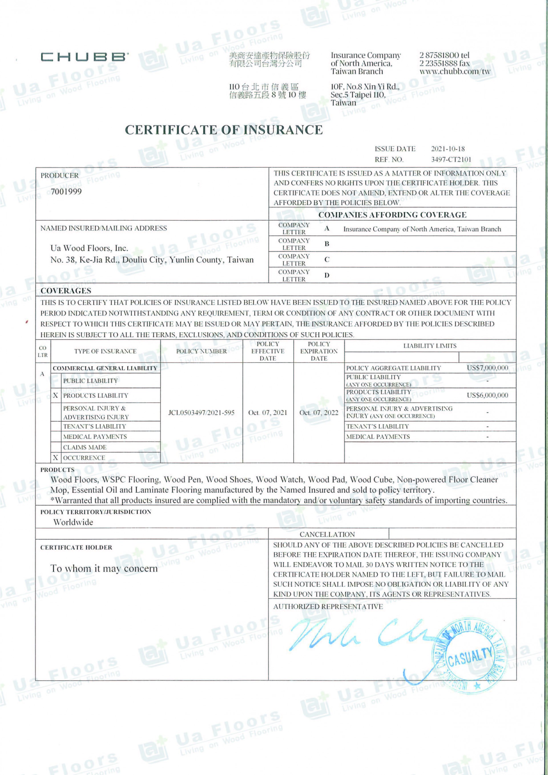 Ua Floors - CERTIFICATE OF INSURANCE